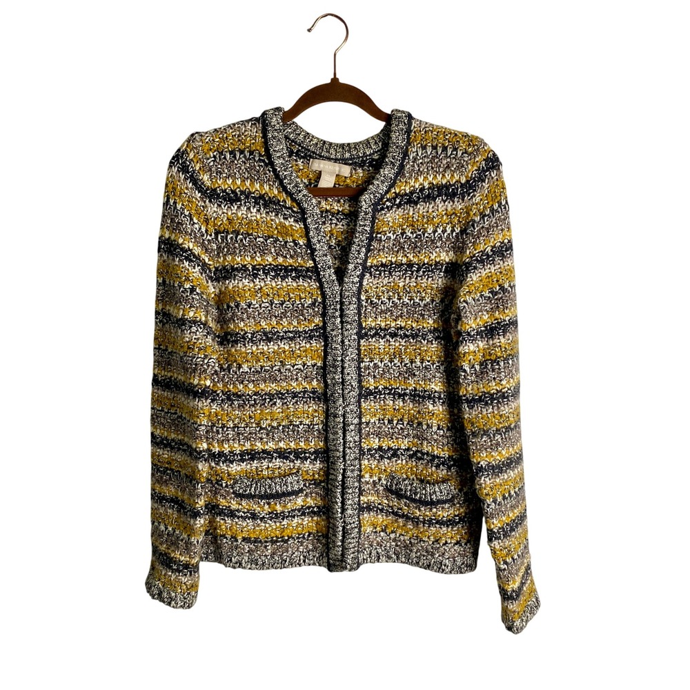 Banana Republic Chunky Knit Cardigan Sweater Jacket Tweed Metallic Gold Stripe M